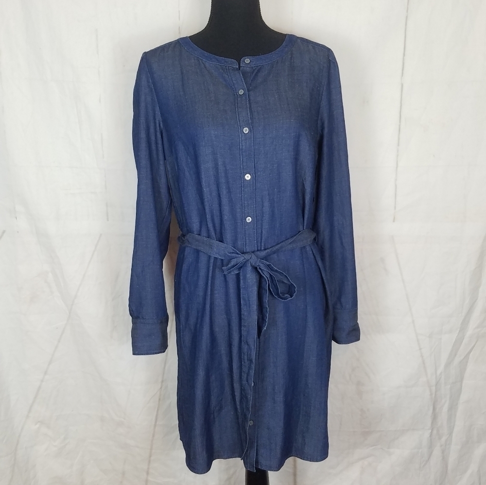 Loft chambray button front long sleeve waist tie dress
